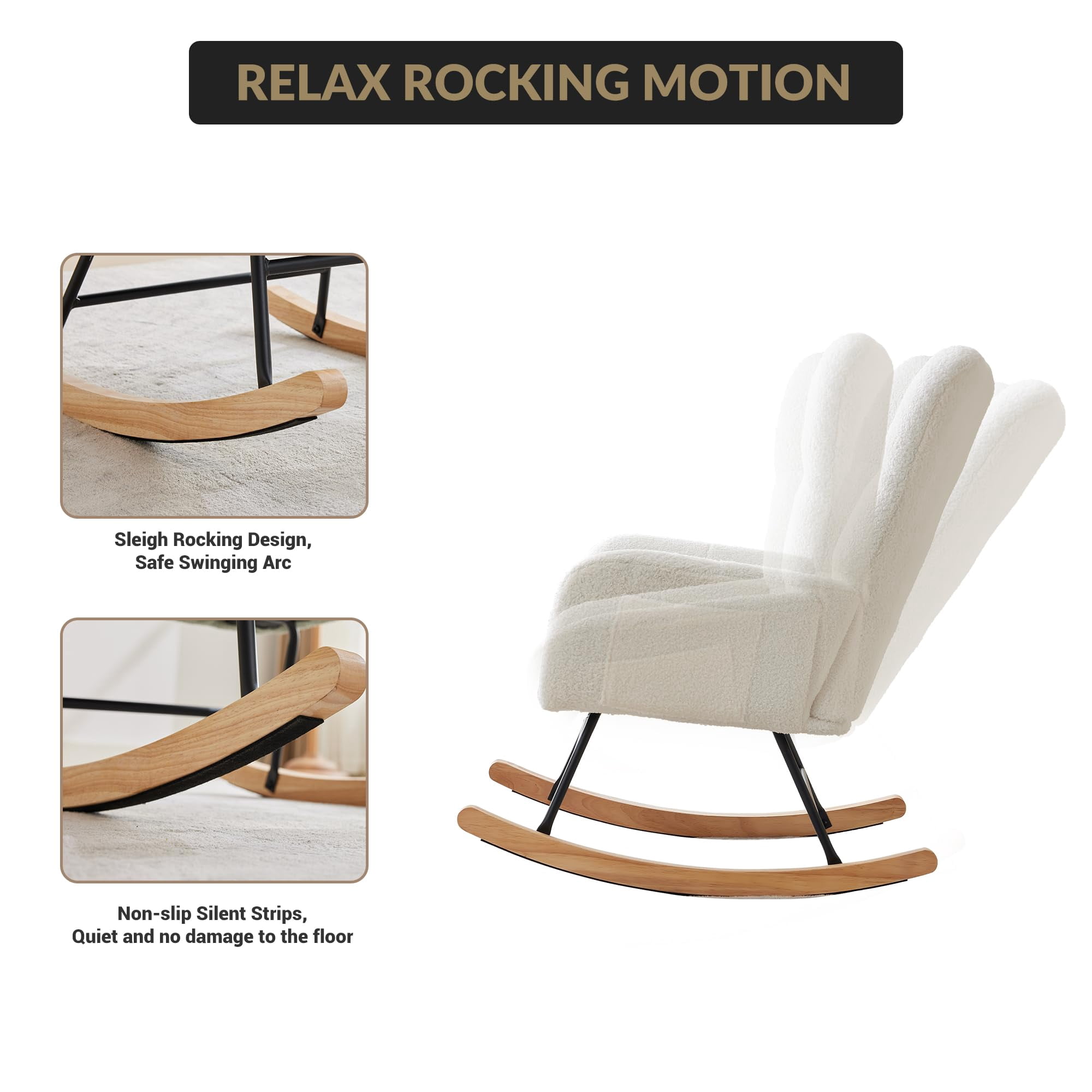 300Lbs Load-Bearing Nursery Glider Rocking Chair, Teddy Upholstered, High Backrest & Armrests, Side Pockets, Padded Seat, High Backrest, Armrests, Metal Legs & Wood Base for Living Room, Bedroom