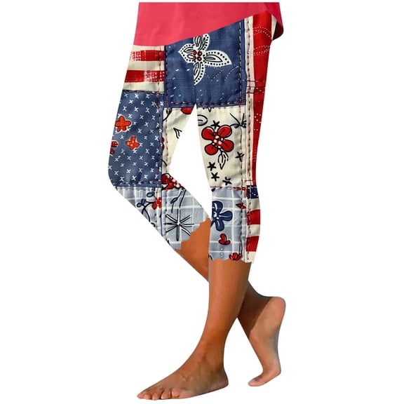 qelini American Flag Leggings for Women Plus Size 4th of July Capris Leggings High Waist Print Ankle Pants