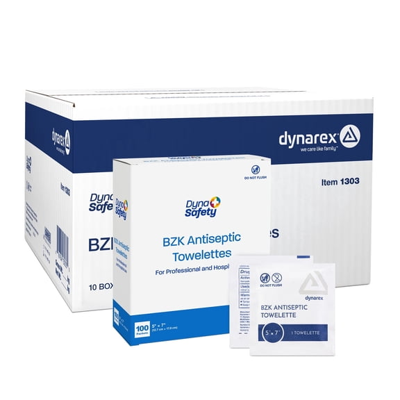 Dynarex DynaSafety BZK Antiseptic Towelettes - Sterile, Alcohol and Fragrance Free - 5" x 7" - Case of 10 Boxes, 100 per Box