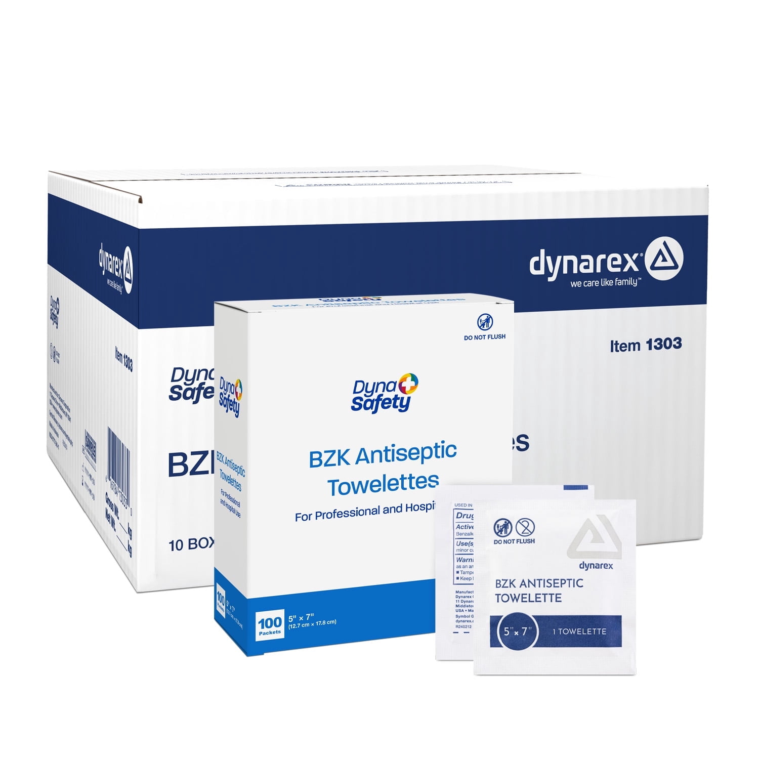 Dynarex DynaSafety BZK Antiseptic Towelettes - Sterile, Alcohol and Fragrance Free - 5" x 7" - Case of 10 Boxes, 100 per Box