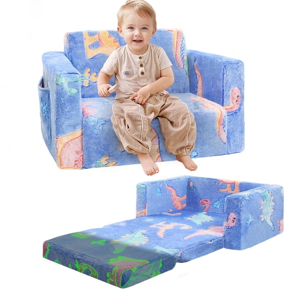 Teler Glow-in-The-Dark Dinosaur Toddler Sofa, 2-in-1 Foldable Plush Chair & Lounger for Kids Boys & Girls, Removable Washable Cover