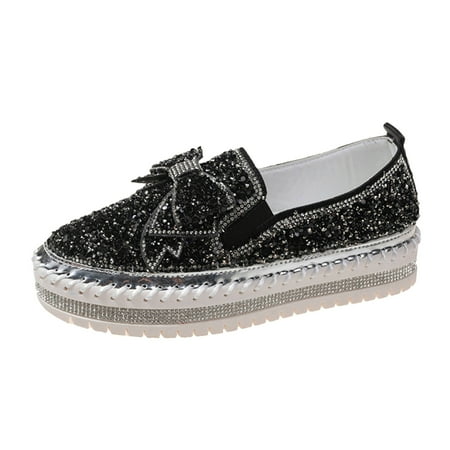 QYZEU Women Shoes Casual Flip Flop Sandals Women Ladies Fashion Solid Color Rhinestone Bow Decoration Thick Sole Casual Single Leather Shoes for Womens Black 40
