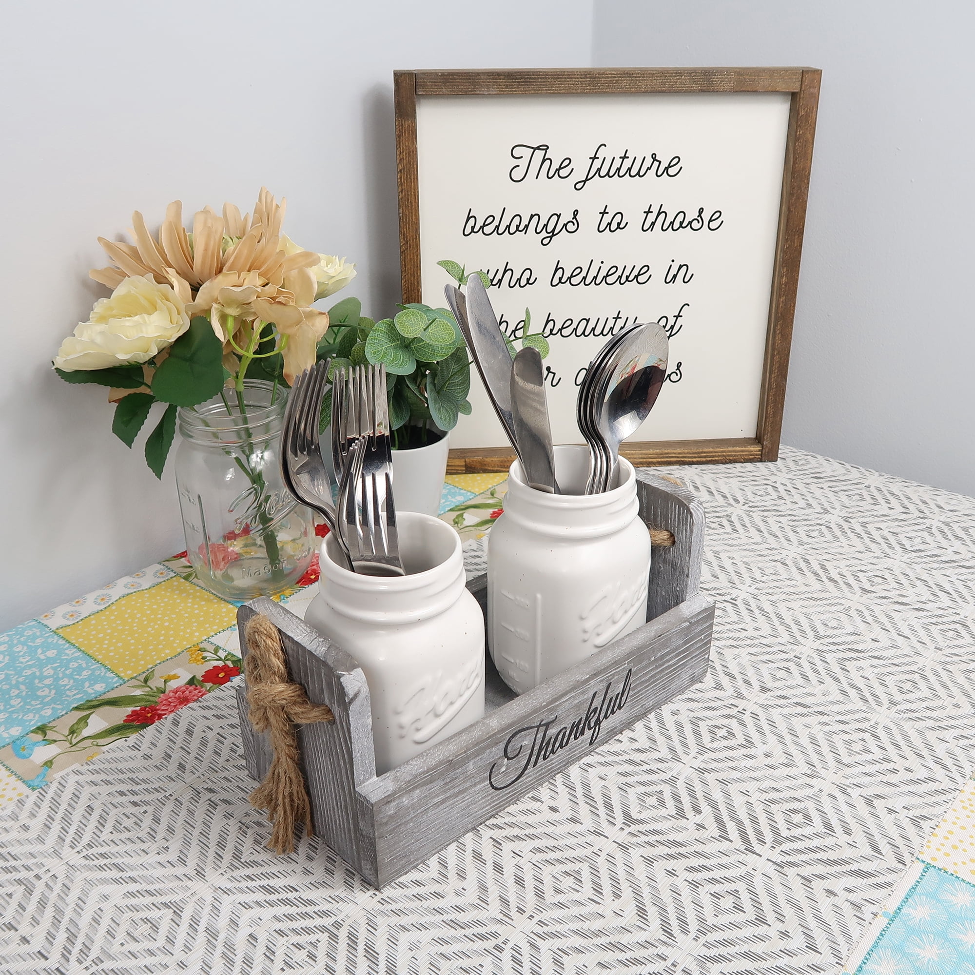 Ceramic Mason Jar Utensil Holder, Silverware Organizer for Spoons, Knives, Forks w/ Rustic Wood Tray,