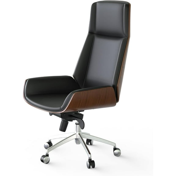 FOH Luxury Wooden Swivel and Adjustable Executive Chair, Wide Pu Leather Office Chair, Modern and Vintage Design High Back Computer Desk Chair for Conference Rooms and Home Offices