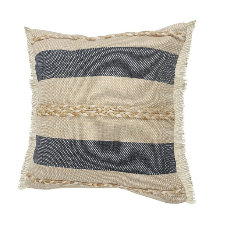Fringed Blue And Beige Square Accent Pillow Cover Fringed Blue And Beige Square Accent Pillow Cover