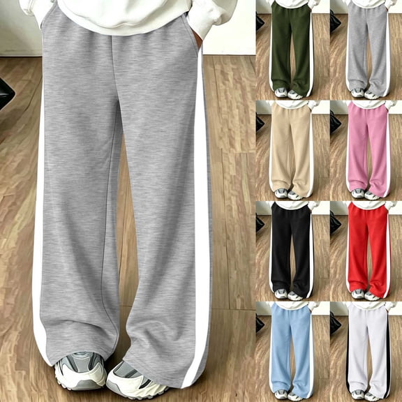 Spazoro Girls Wide Leg Sweatpants with Pockets, Loose Fit Drawstring Elastic Waist Side Stripe Solid Color Wide Leg Trousers for Daily Street Outings Gray Size 9-10
