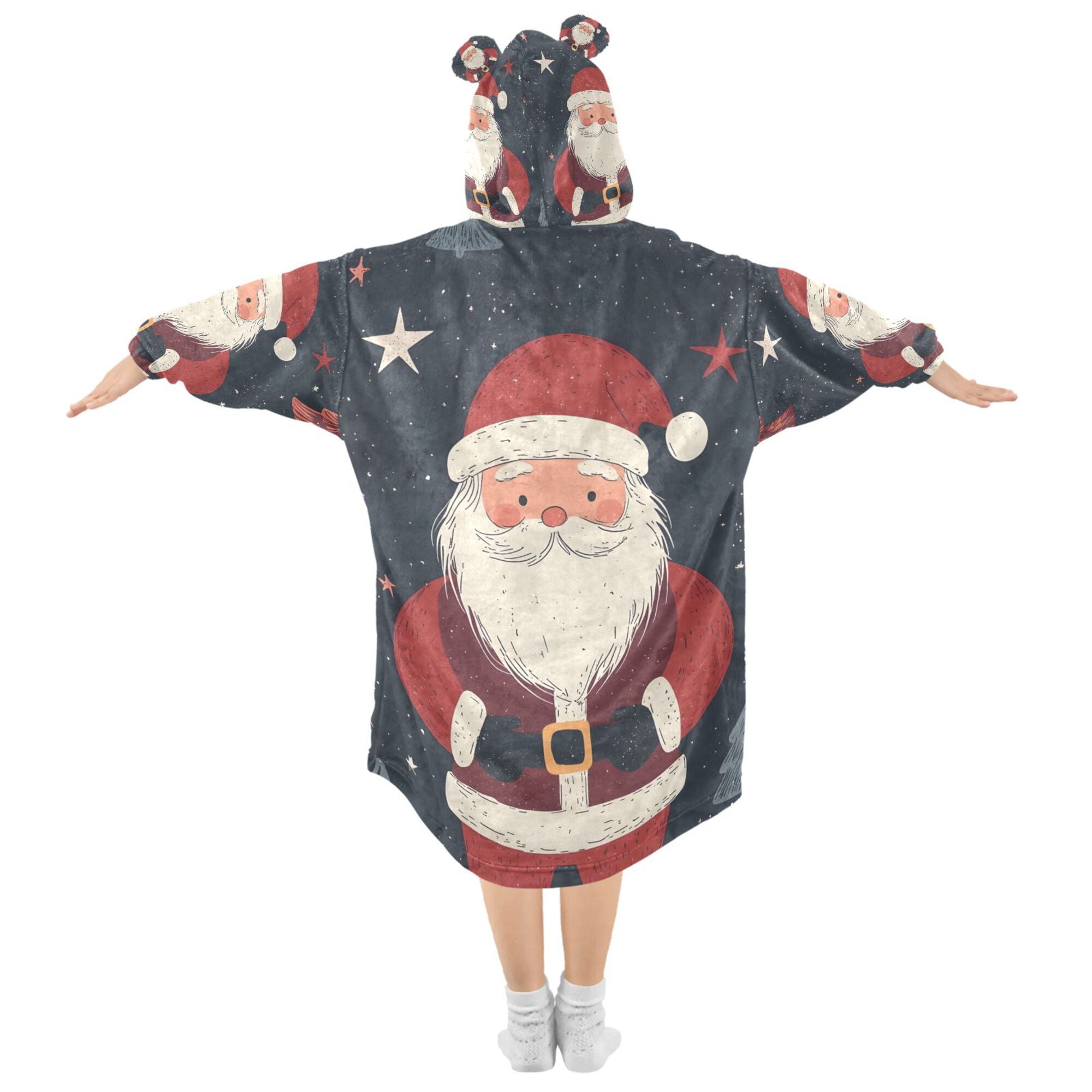 FORMRS Wearable Blanket Hoodie with Sleeves for Kids Cozy Flannel Sweatshirt, Blue Christmas Santa