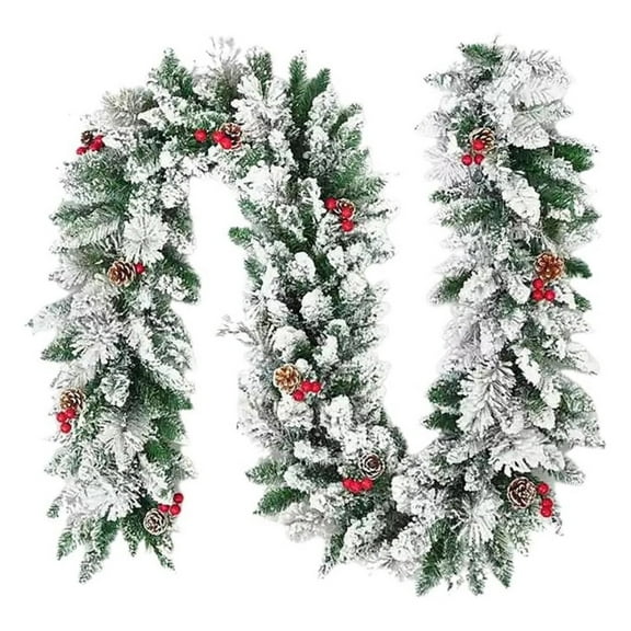 8.9 FT Flocked Christmas Garland, Artificial Snowy Xmas Garland, Indoor Outdoor Winter Garland with Pine Cones and Red Berries for Christmas Decorations Table Mantle Room