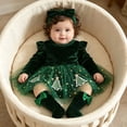 thumbnail image 3 of Mnyotv Baby Girl Rompers Christmas Outfits Flutter Long Sleeve Jumpsuit Bow Socks and Headbands 3Pcs Set Size 6-9 Months, 3 of 8