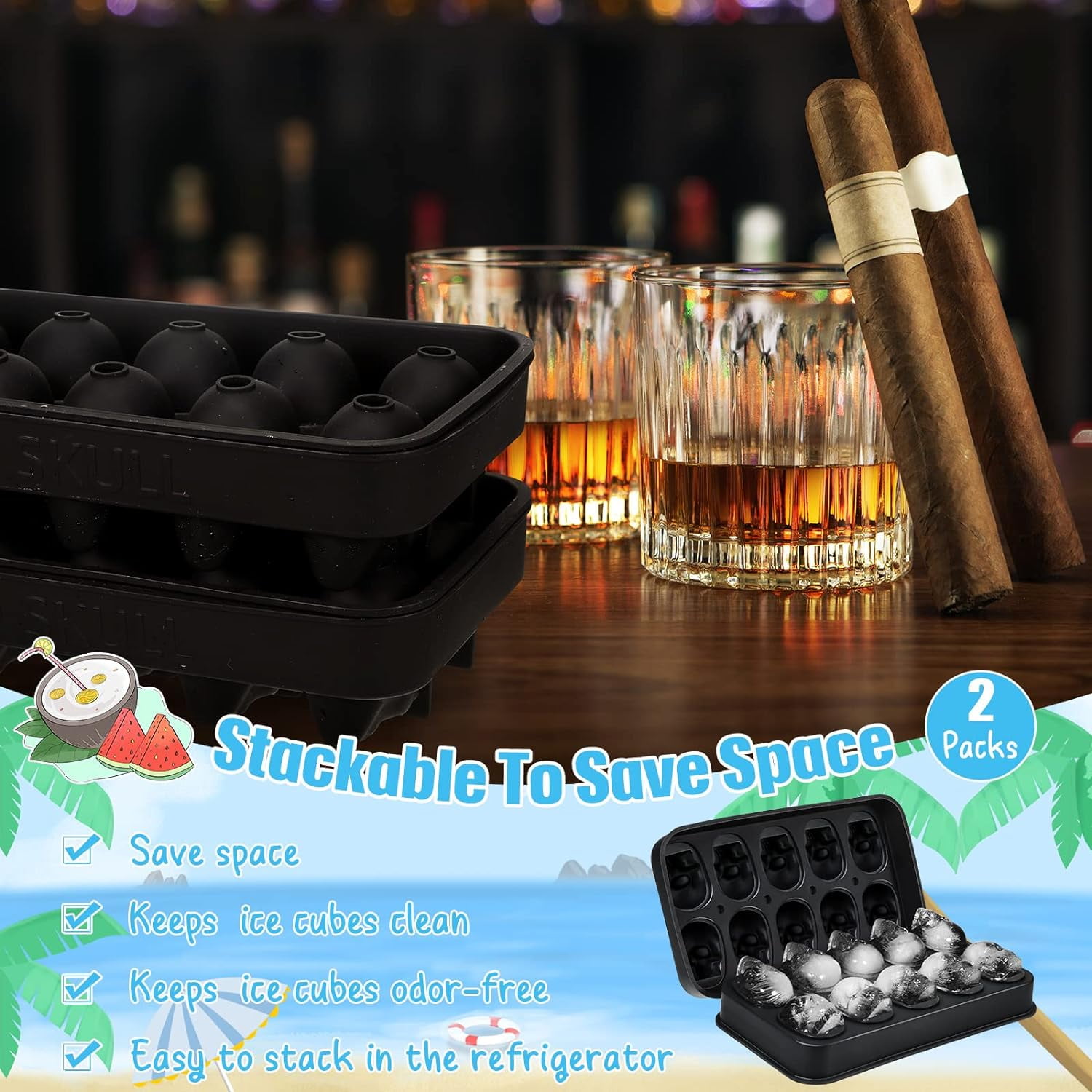 Silicone Skull Ice Cube Maker Mold Flexible Skull Ice Cube Tray for Whiskey Baking Chocolate Candy Resin(Black,2 Pack)