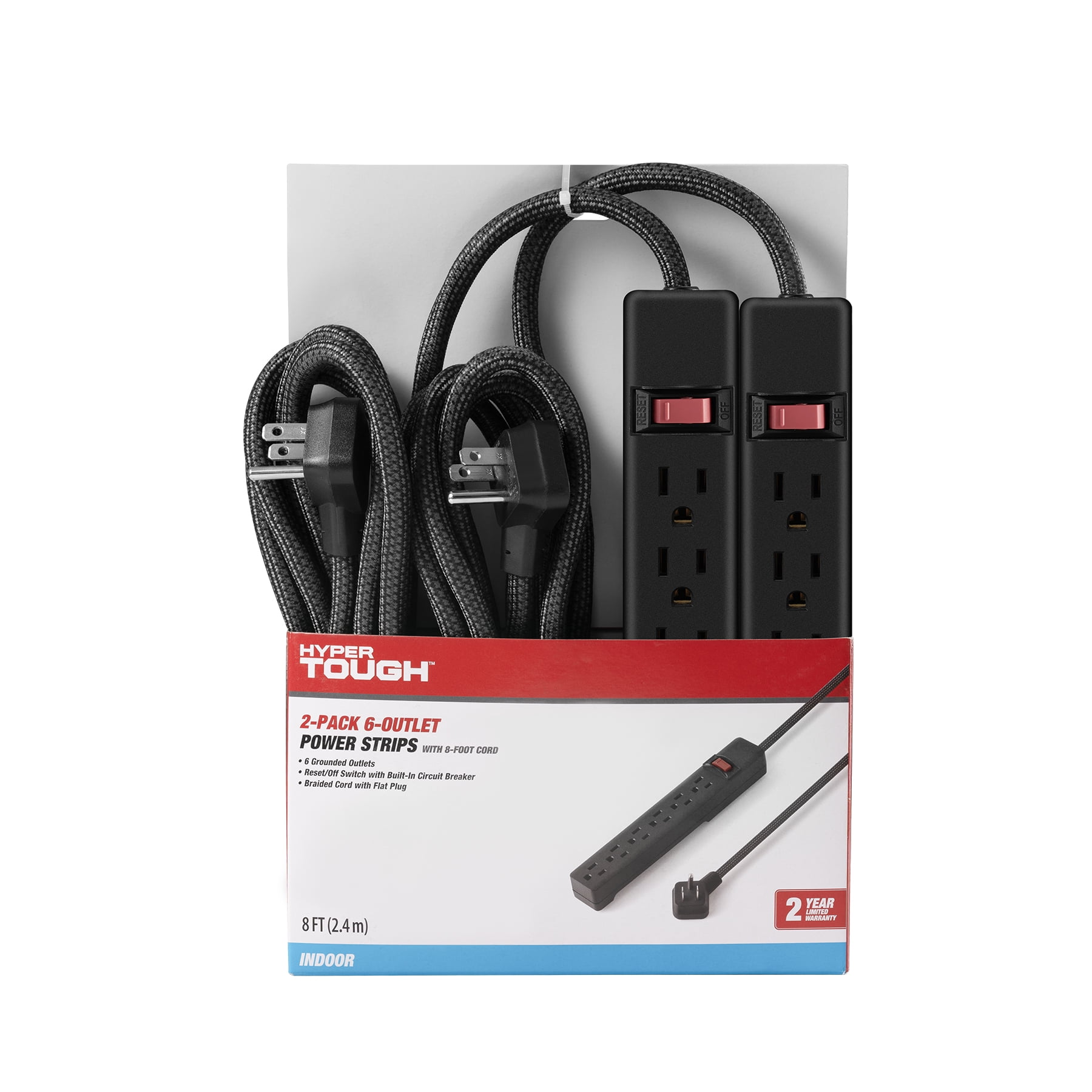 Hyper Tough 6-Outlet Indoor Power Strip, 8 ft Braided Extension Cord, ETL Certified, Black, 2-Pack