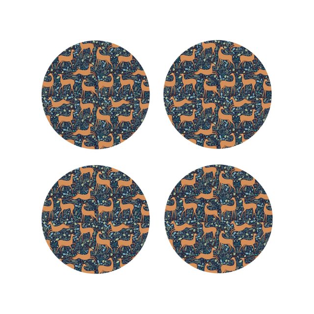 Vsdgher Reindeer Print Leather Coasters for Drinks, Durable Drink Coasters 4 Set for Tabletop Protection, Luxurious Home Décor and Housewarming Gift-Round Shape