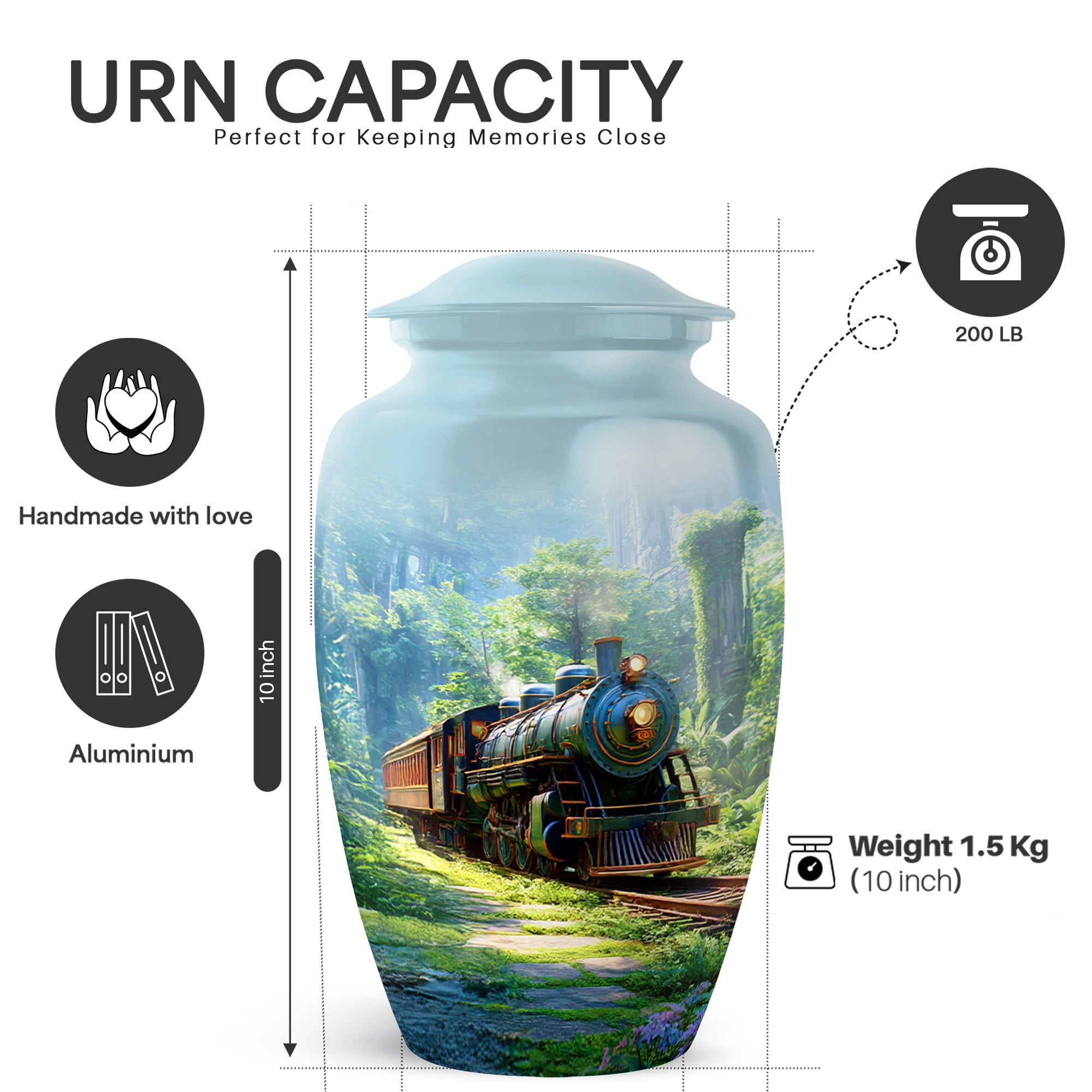 Yatskia Train Large Cremation Urns for Human Ashes Adult Mom and Dad, Decorative Memorial Urn for Ashes Adult Dad, (Classic Large, 10 Inch)