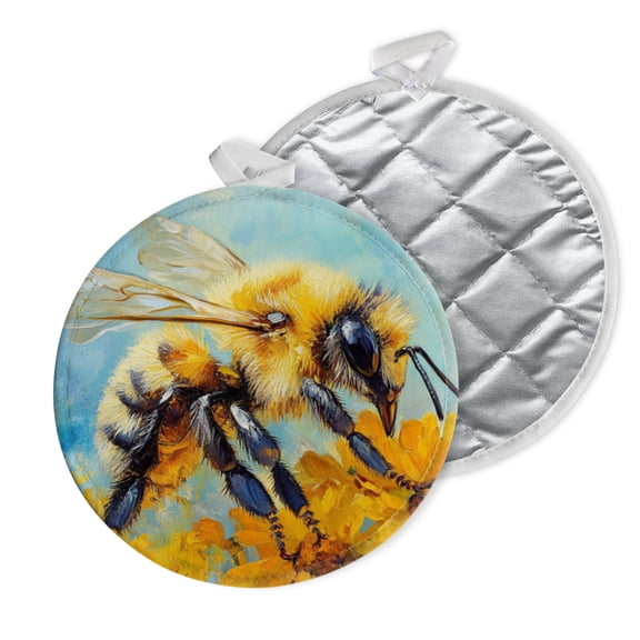 2 PCS Pot Holders for Kitchen,Potholders Sets with Hook for Oven,Cooking,Baking,Beautiful Painting Of Honeybee On Yellow Flowers