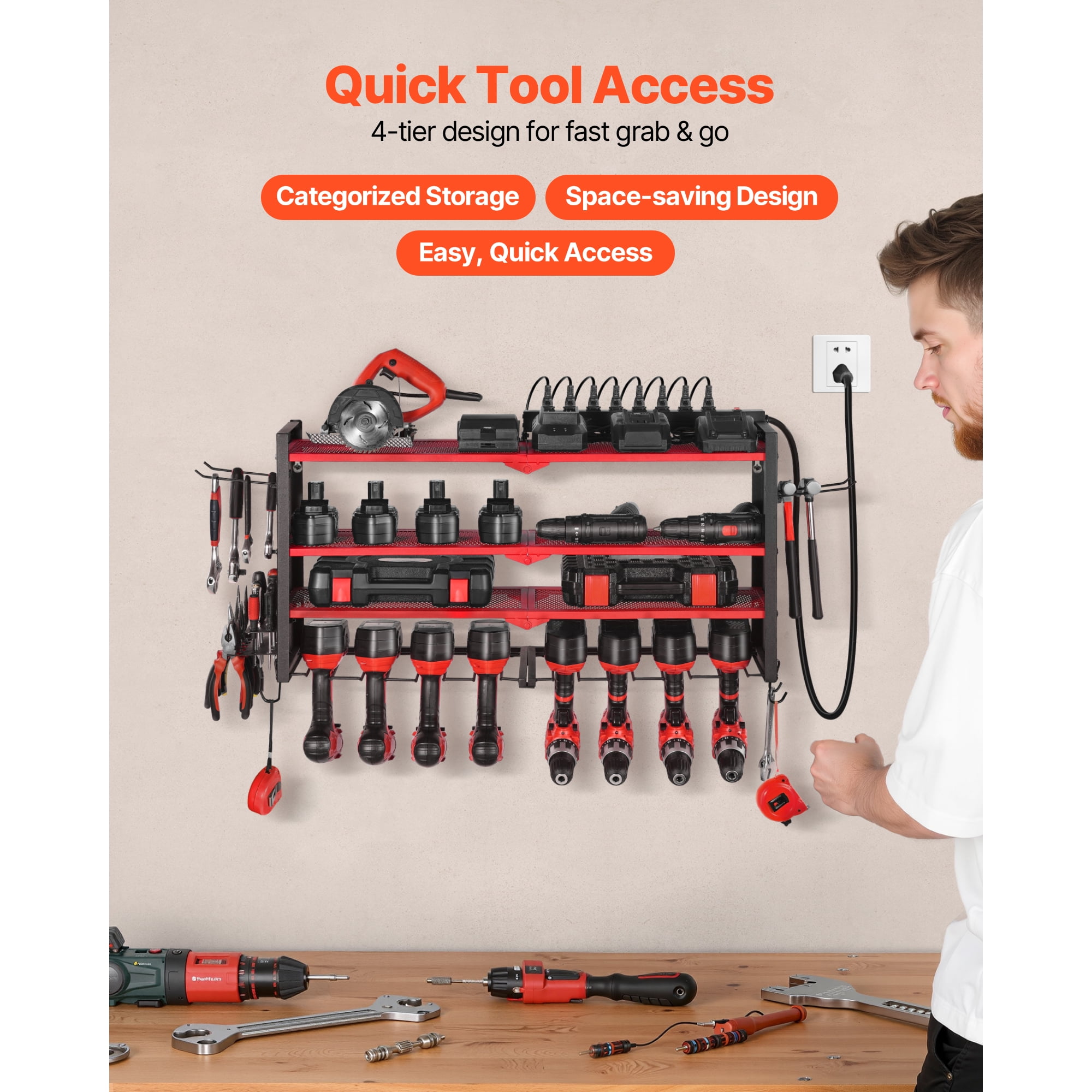KFFKFF Power Tool Organizer with Charging Station, 3-Tier Drill Storage Rack with 4 Drill Slots & Side Pegboard, Garage Tool Rack with 8-Outlet Power Strip for Garage, Workbench, and Workshop