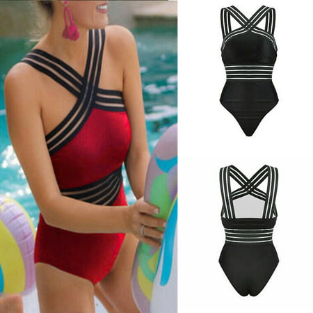 Sexy One Piece Swimsuit Women 2019 Summer Beachwear Striped Cross Strappy Cold Shoulder Swimwear Bathing Suits Bodysuit (Best Bathing Suits For Large Bust 2019)