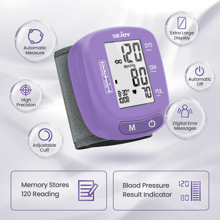Sejoy Wrist Blood Pressure Monitor, Digital BP Machine, Automatic Home High Blood  Pressure Machine with Adjustable Cuff, Purple 