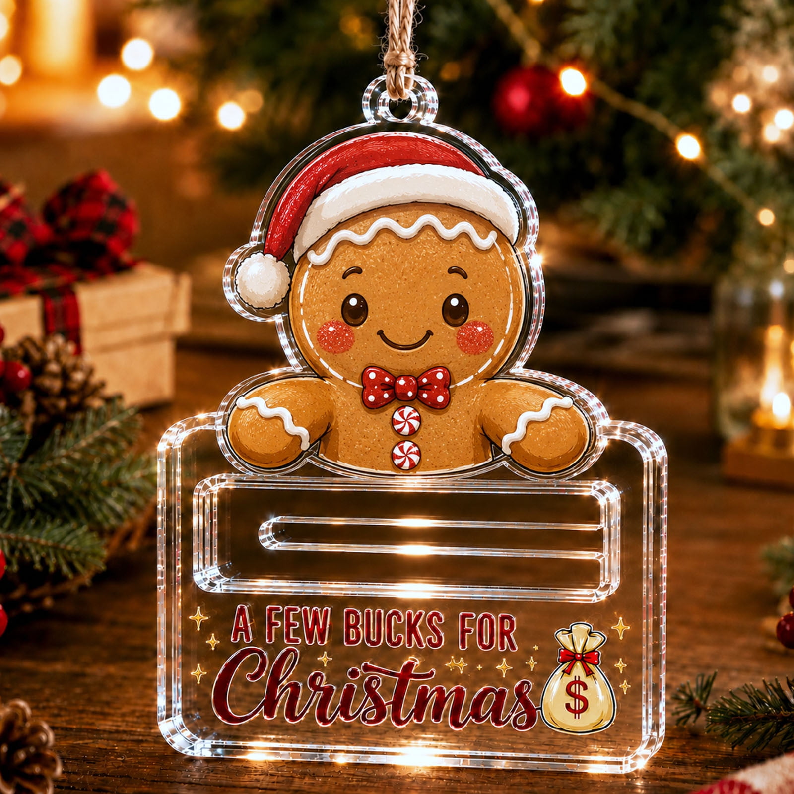 Tuvgenk Acrylic Christmas Cash Gift Card Holder Ornament Gingerbread Man Design for Tree Mantel Hanging Decor