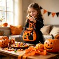 thumbnail image 4 of Halloween Kids Trick Or Treat Candy Bag, Witch Pumpkin Embroidery Non‑Woven Handbag With Handle, Reusable Goodie Gift Pouch For Halloween Party, Orange, 4 of 9