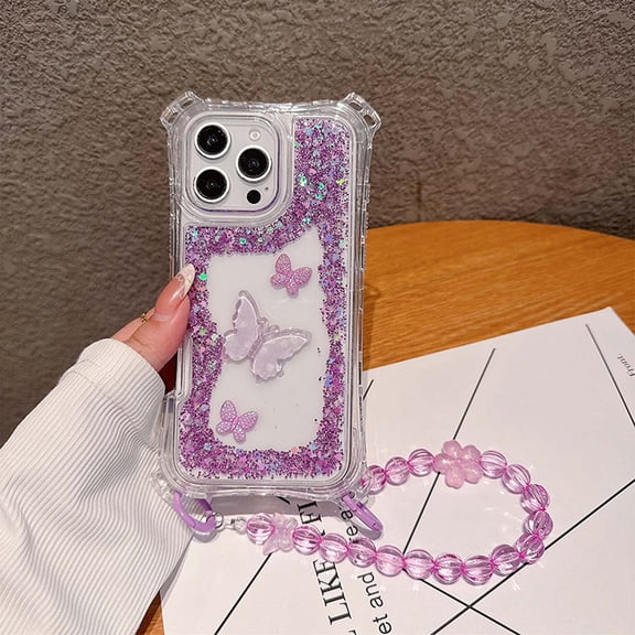 Compatible with iPhone 16 Pro Max Clear Phone Case,Back 3D Butterfly,With Beading Wrist Strap,3-in-1 Heavy Duty Shockproof Anti-Drop Bling Sparkle Colorful Glitter Transparent Phone Case,Purple