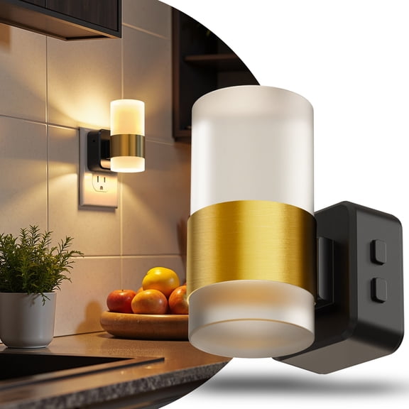 YANSUN Black & Brass 3000K Dimmable Night Light with 5-Level Control, 1-Watt Integrated LED Plug-In Night Light, Frosted Acrylic Cylinder, Dusk to Dawn 1-Pack