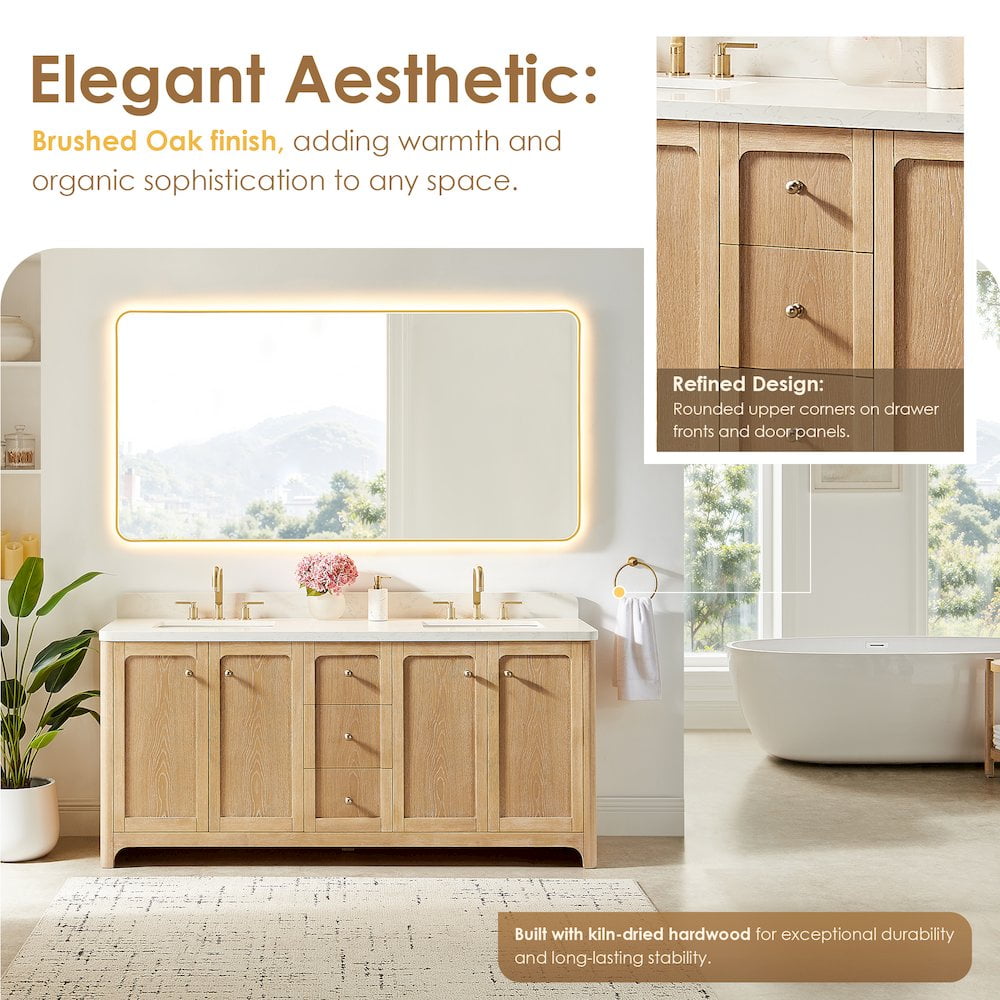 Altair-18 72"Double Bathroom Vanity in Brushed Oak,Grain White Engineered Stone Countertop