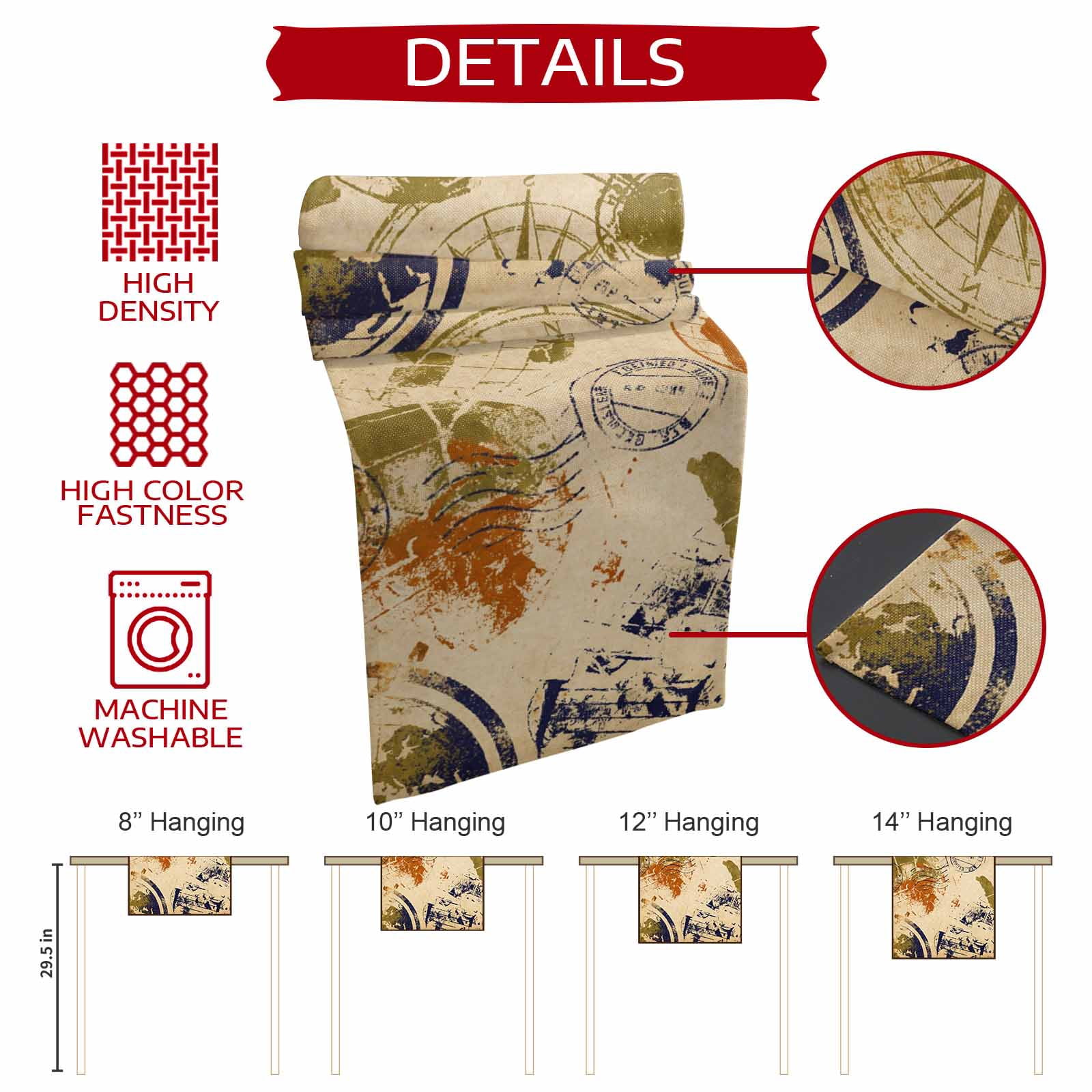Vintage Globe Burlap Cotton Table Runner 13x90 Inches Long, Abstract Travel Adventure Compass Farmhouse Table Runners, Outdoor Dining Tablecloths Decor for Baby Shower/Party/Wedding