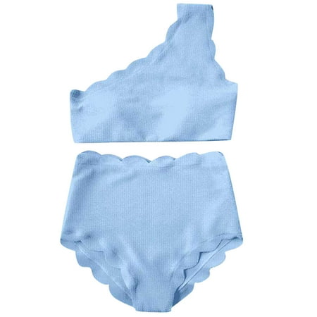 

Raeneomay Swimsuit Women Sales Clearance Lady Vintage High Waisted Swimsuit Two Pieces Scalloped Trim One Shoulder Bikini