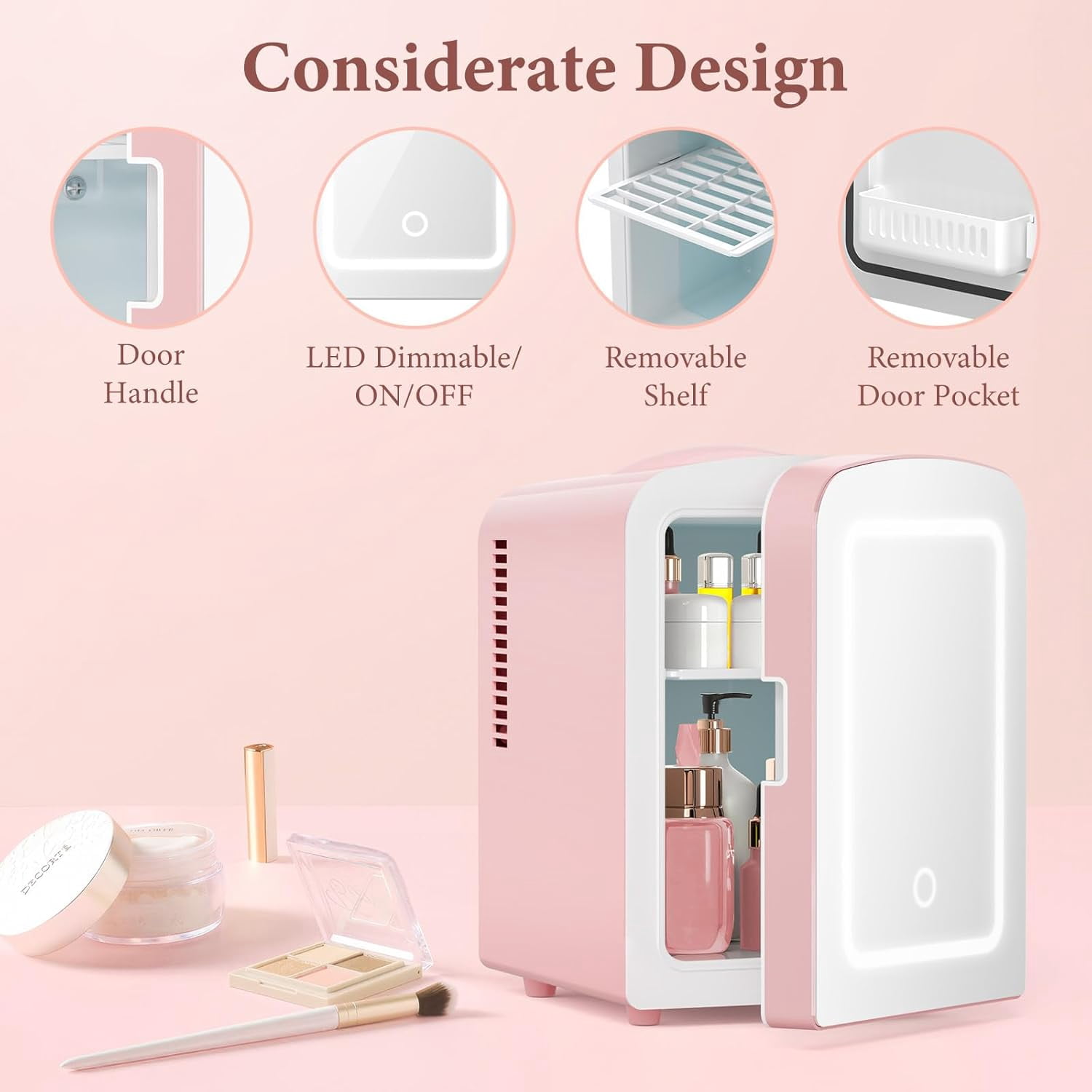 FREE VILLAGE Mini Fridge for Bedroom,Small Compact Refrigerator for Drom Car Office,4L /6 Cans Beverage Cooler for Food,Portable Skincare Cosmetics Makeup Fridge with Chiller No Freezer -