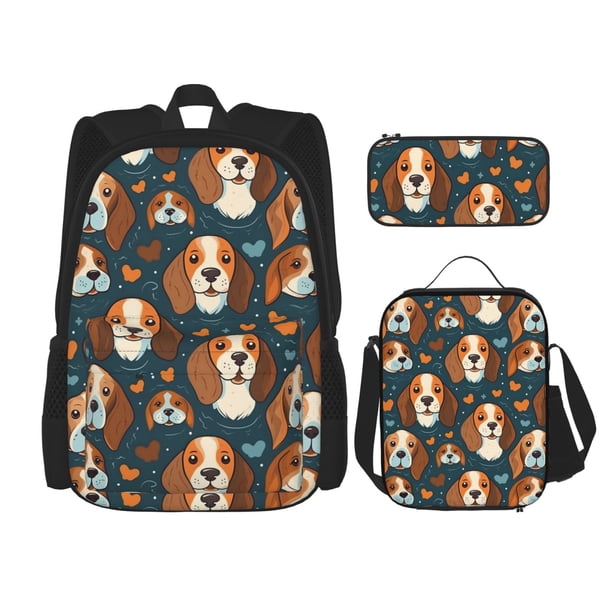 Easygdp Cute Puppy Mochila para Niños y Niñas con Set de Caja de Almuerzo y Estuche para Lápices 3 en 1, Mochila Escolar Estampada para Adolescentes