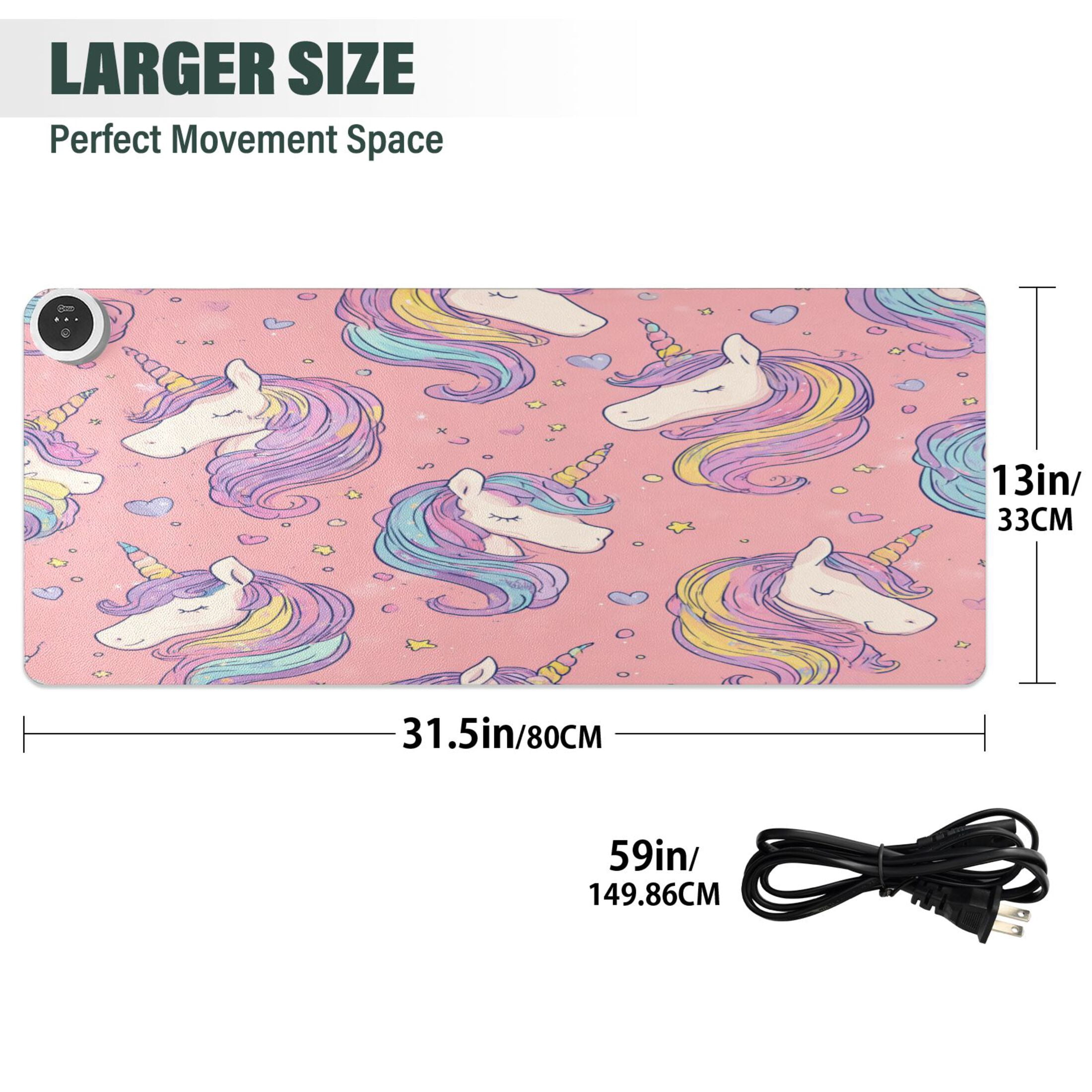 Large Heated Desk Mat Mouse Pad 31.5"x13"PU Leather Graphene Heating Desk Warmer with 3 Temperature Settings 110V US Plug Non-Slip Warm Pad for Home, Office, and Gaming Soft Pink Unicorn Illustration