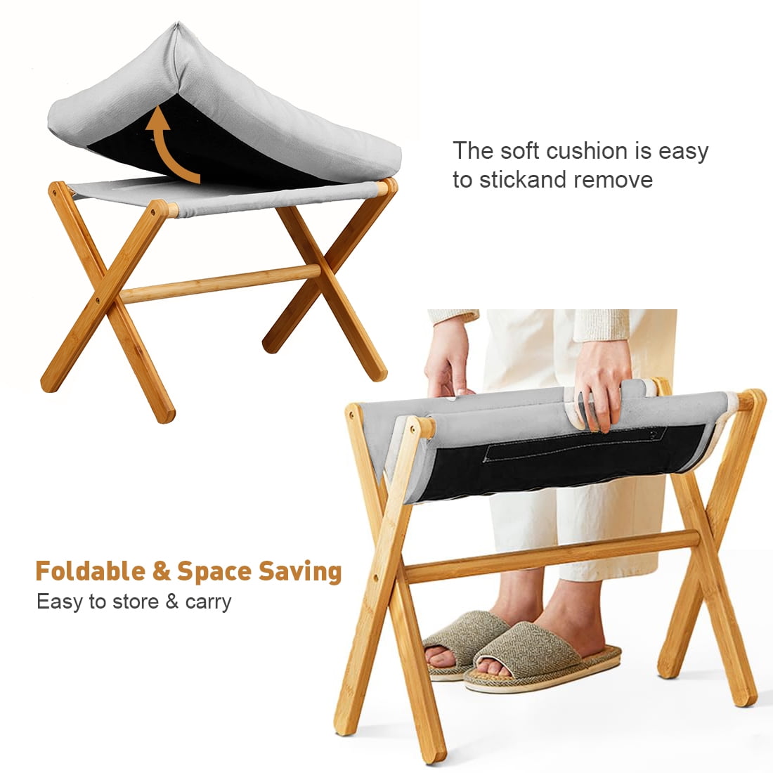 Folding Footrest Stool, Small Portable Bamboo Accent Ottoman, Footstool with Detachable Cotton Cushion Padded