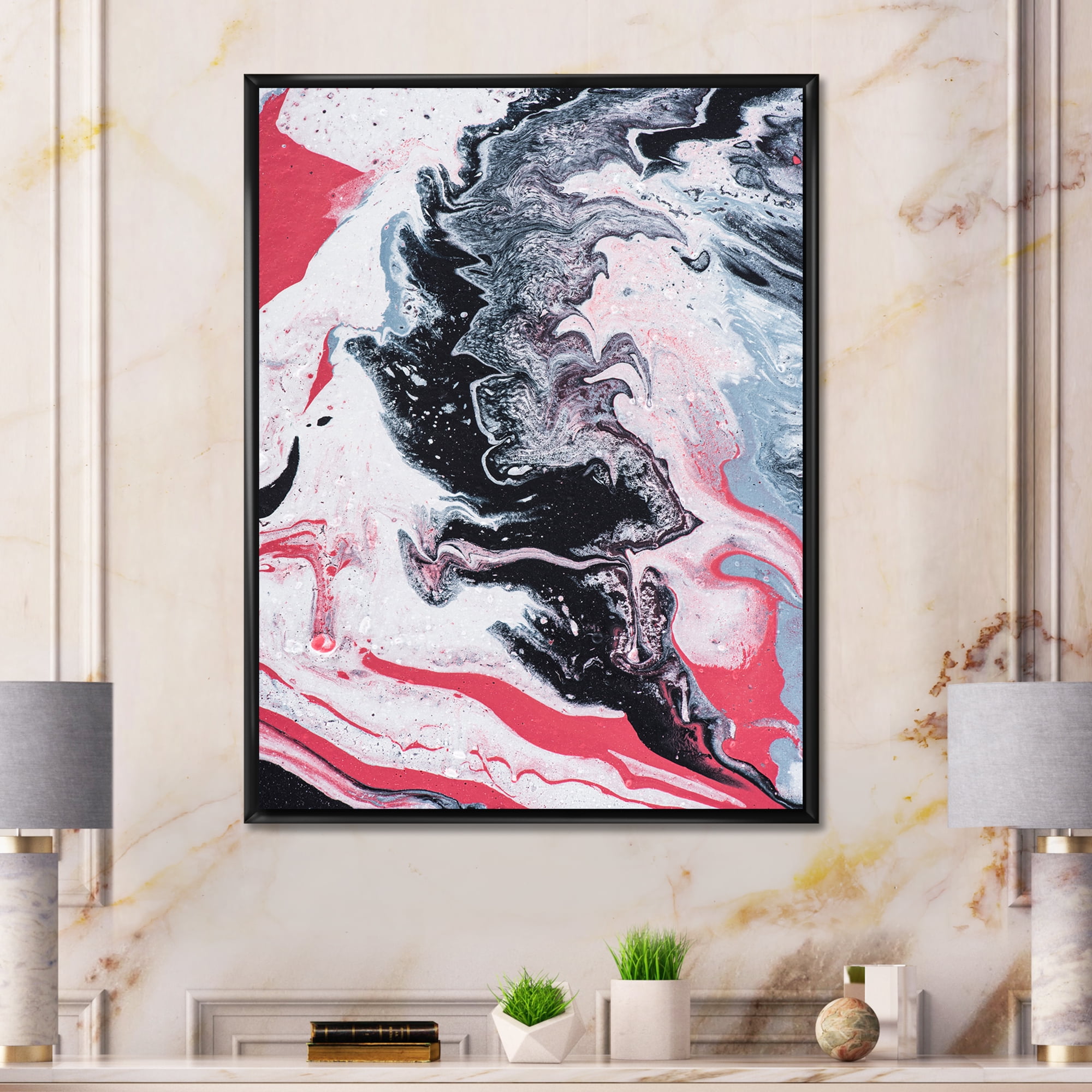 Abstract Marble Composition In Gray and Pink I 12 in x 20 in Framed Painting Canvas Art Print, by Designart