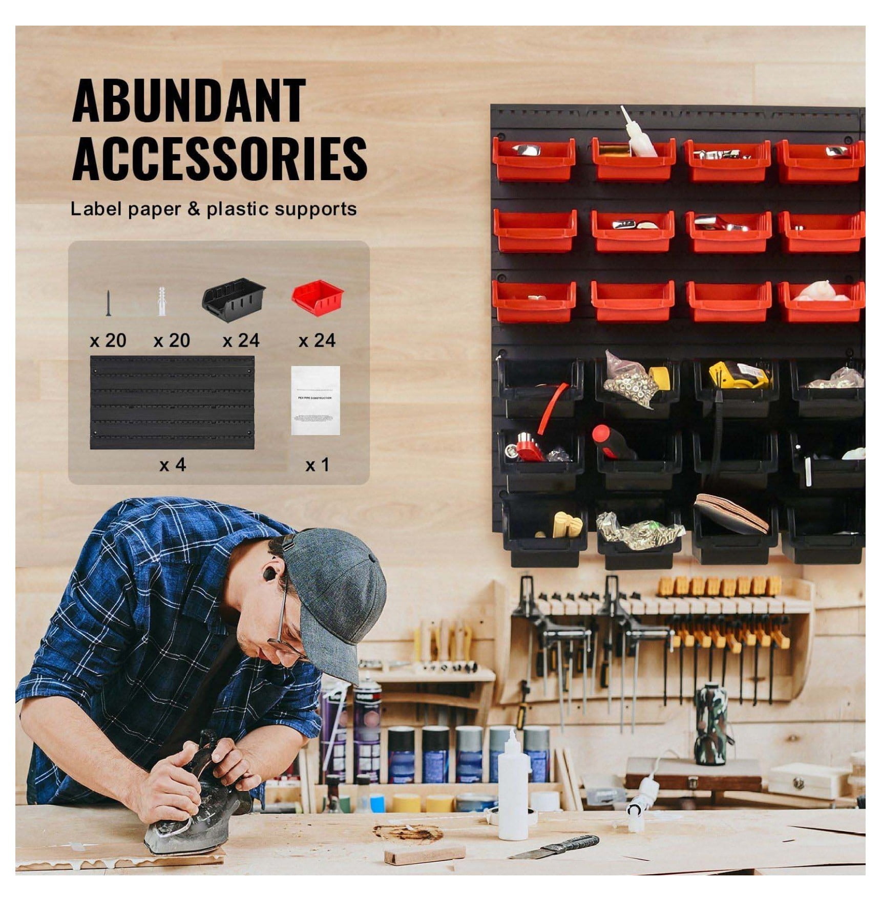 Wall Mounted Storage Bins 48-Bin Parts Organizer - Garage Shop Tool Rack - Small Parts Storage for Nuts, Bolts, Screws, Crafts, Beads - Black & Red