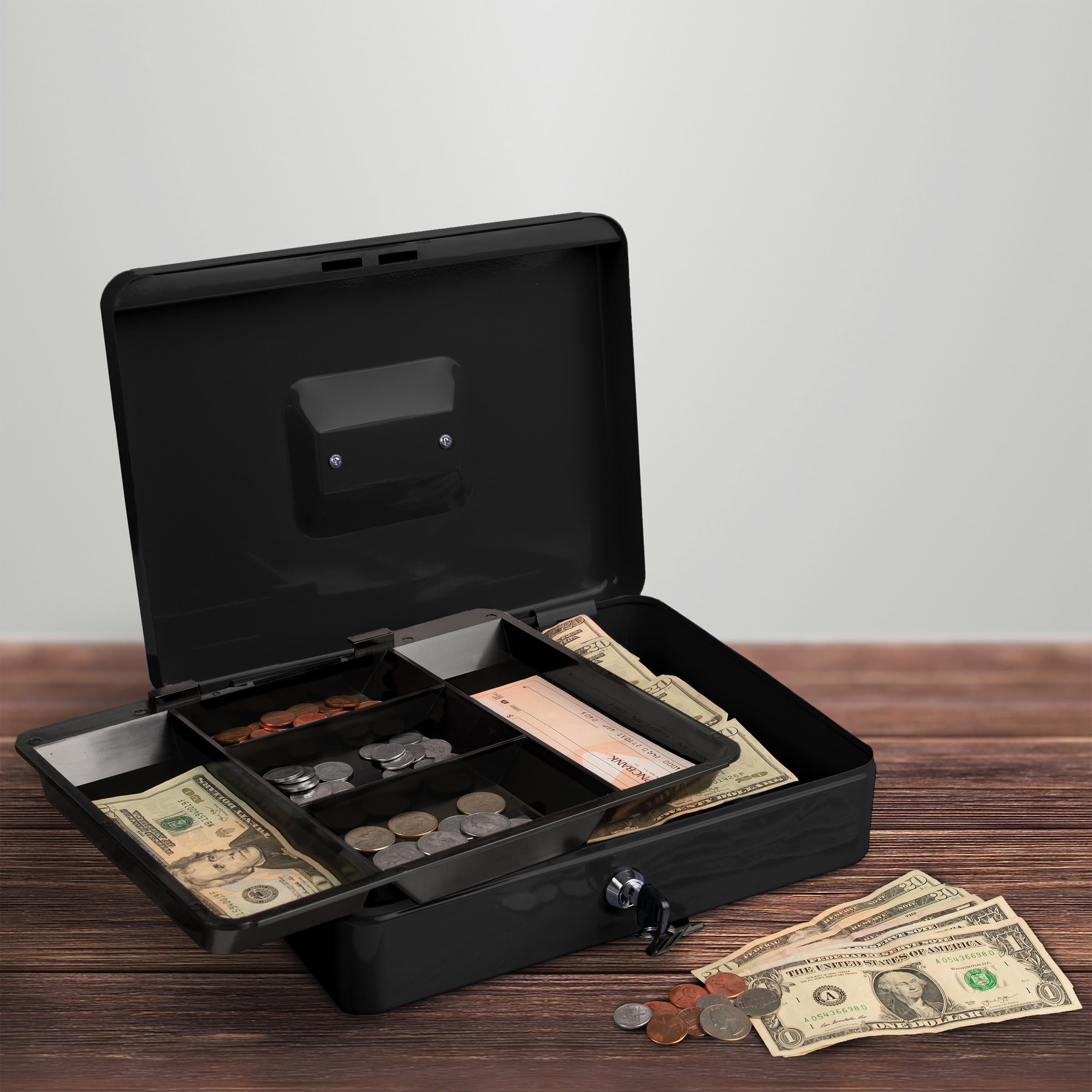 Cash Box Locking Petty Cash Safe with Removable 5 Slot Coin Tray and