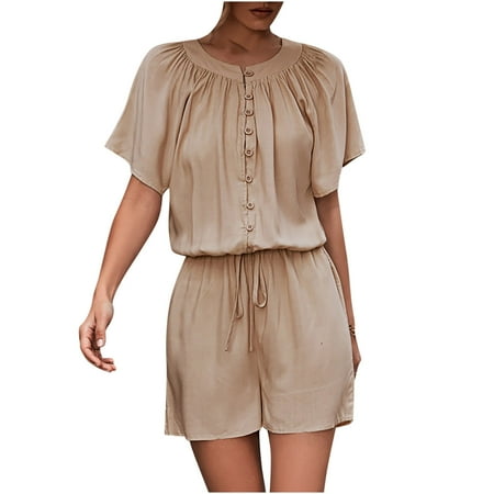 

Boho Jumpsuits for Women Comfy Short Sleeve Elastic Waist Shorts Solid Beach Rompers Vacation Onesie Jumpsuits