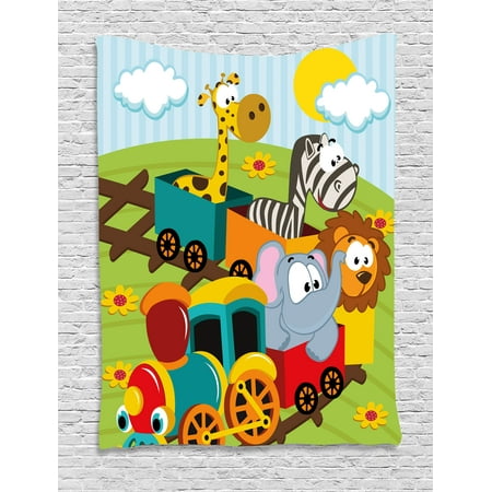 Baby Sports Wall Hanging - Kids Tapestry, Cartoon Baby Safari Wild Animals In a Train with Striped Backdrop Toys Artwork Print, Wall Hanging for Bedroom Living Room Dorm Decor, Multicolor, by Ambesonne