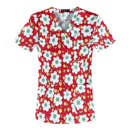 

Women Scrubs Top Working Uniform Nurses Clothing Workwear Short Sleeve V-Neck Cartoon Printed Top Nursed T-Shirts Blouse With Pockets