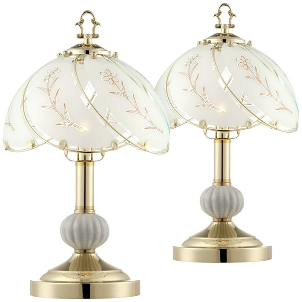 Regency Hill Traditional Accent Table Lamps 15 High Set Of 2 Polished Brass Floral Etched Glass 