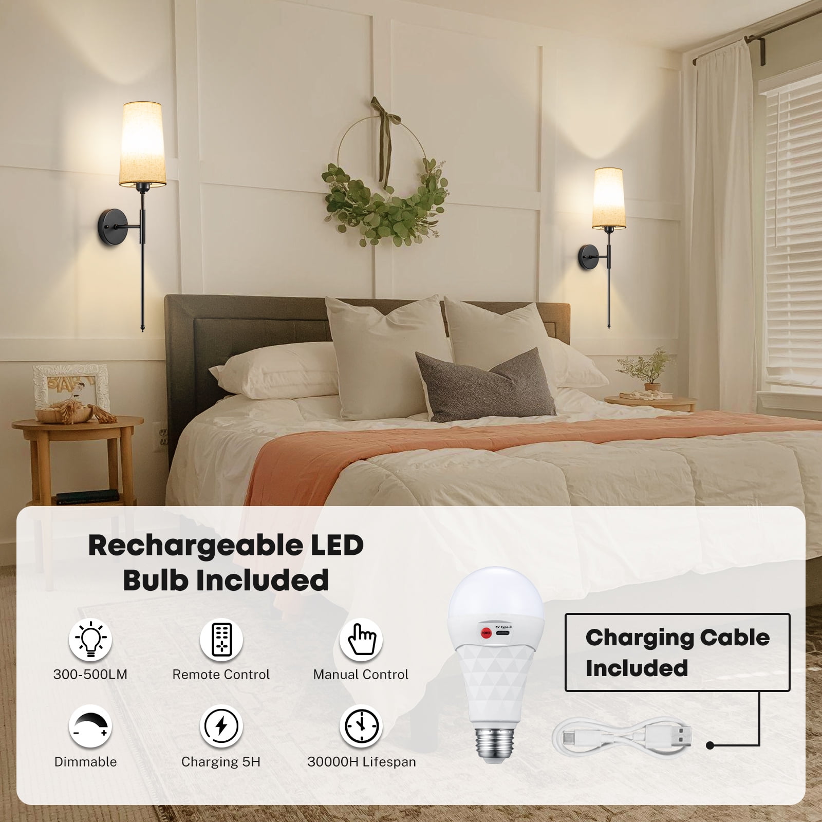 Battery Operated Wall Sconces with Remote Control,Wall Sconces Set of Two,3000K-5000K 3 Colors Rechargeable Wireless Wall Light for Bedroom, Hallway