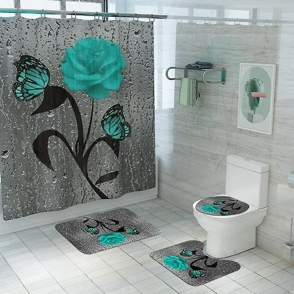 Bath mats rugs 4 pieces/set of non-slip waterproof butterfly rose shower curtain toilet cover cover base carpet (HTOOQ)