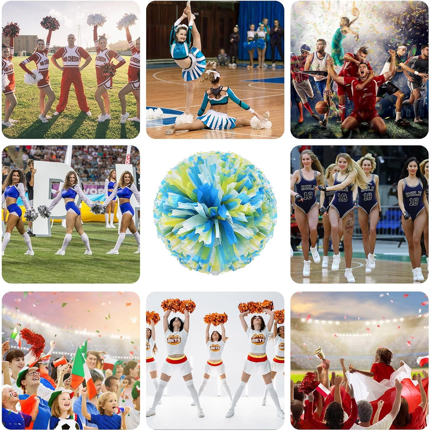 12 Pack Cheerleading pom poms,Cheer pom poms Sports Dance Cheer Plastic Pom Poms Cheerleading for Sports Team Spirit Cheering (Blue+Pink+White)