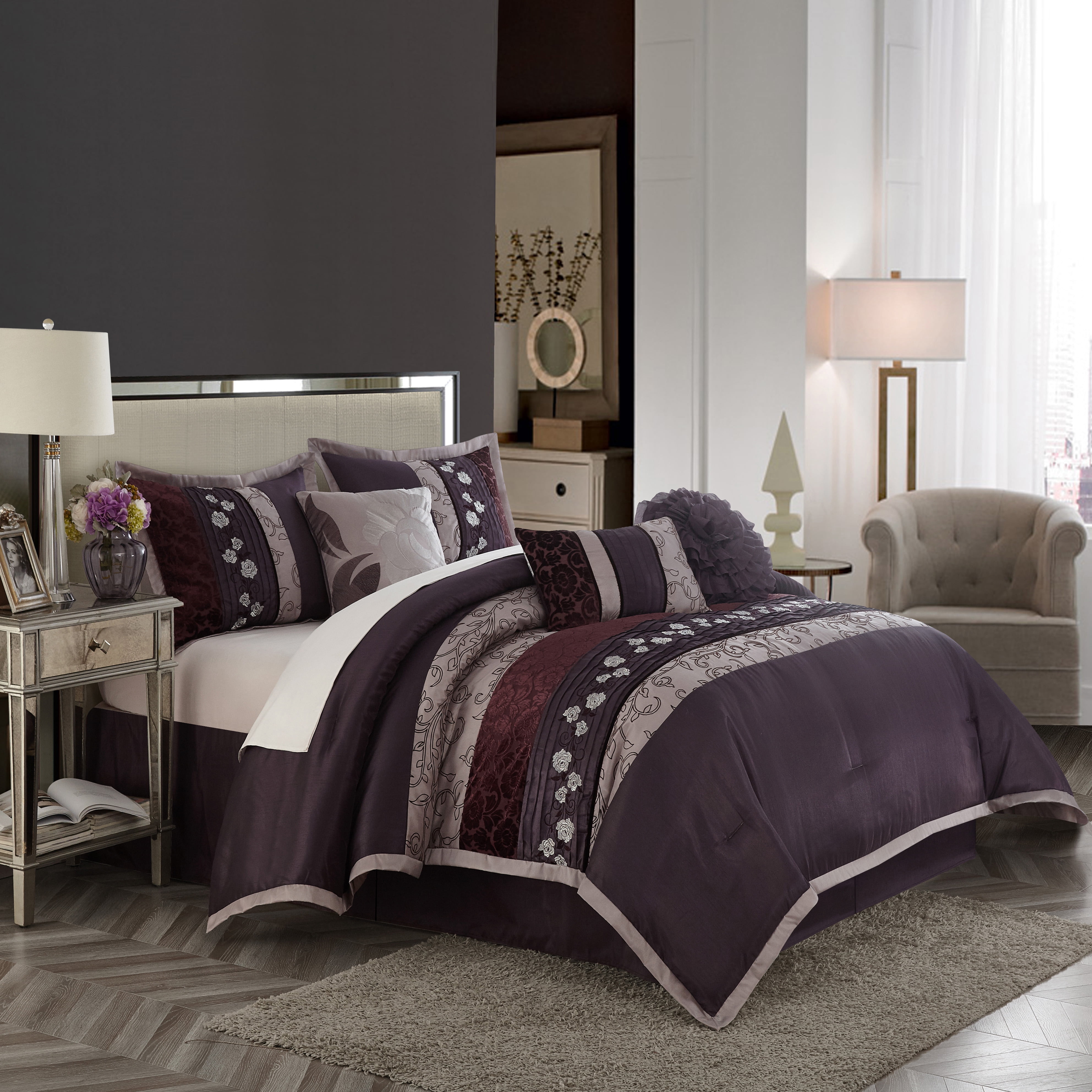 Lanco Silhouette Rose Floral Purple 7-Piece Comforter Set, Queen ...