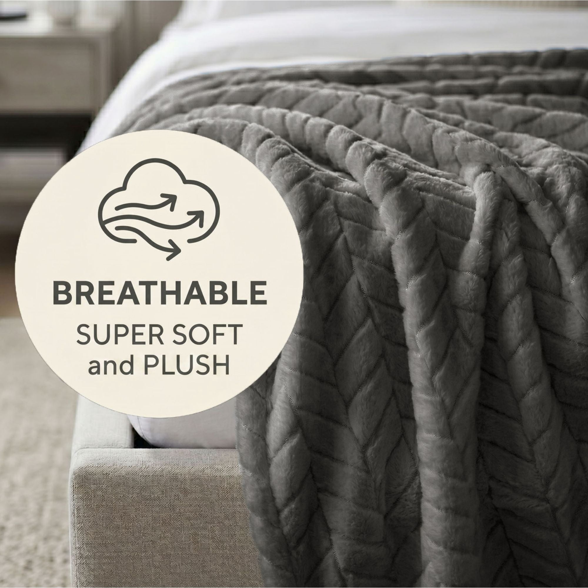 Superior Hope Herringbone Fluffy Fleece Blanket, King Size, Charcoal