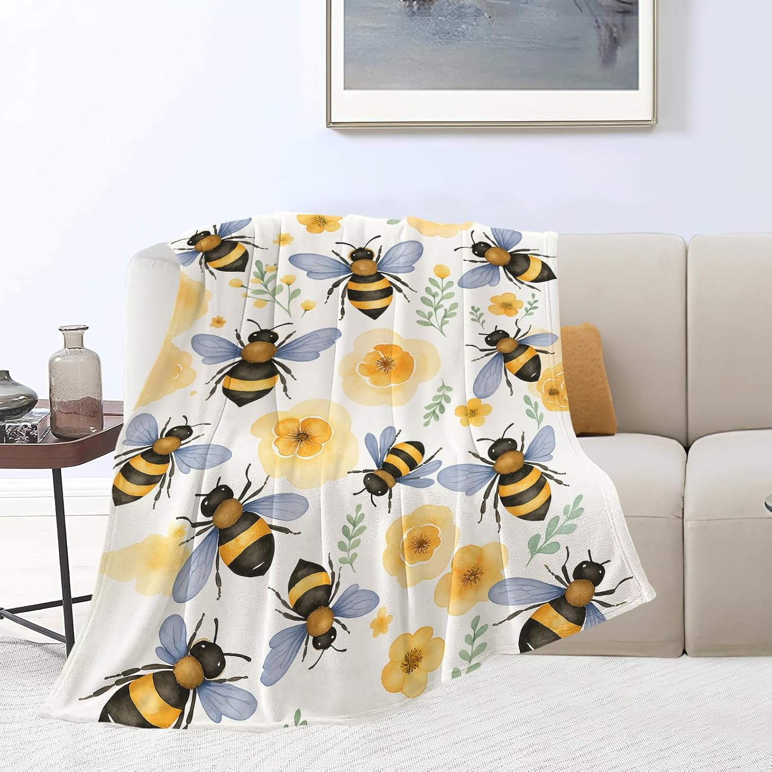 Bee Blanket Super Soft Warm Fluffy Fleece Flannel Flower Insect Blanket Cozy Fuzzy Plush Stuff Floral Bedding Blankets Gifts for Women Users men Women Adults 50"X40"