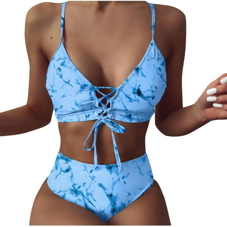 

VKEKIEO Two-Piece Sets Swimsuit Sport Bra Style Padded Blue L