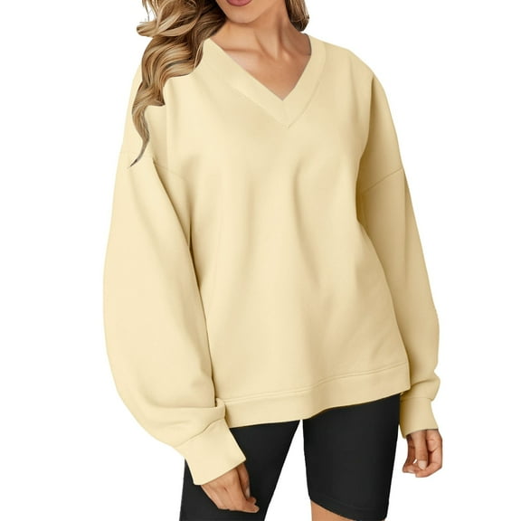 VISALY V Neck Pullover Sweater Tunic Sweatshirt Oversized Sweatshirt Casual Fleece Pullover Sweaters Cute Long Sleeve Shirts Tops Pullover Sweatshirts Half Zip Pullover Women Casual Sweatshirt Beige L