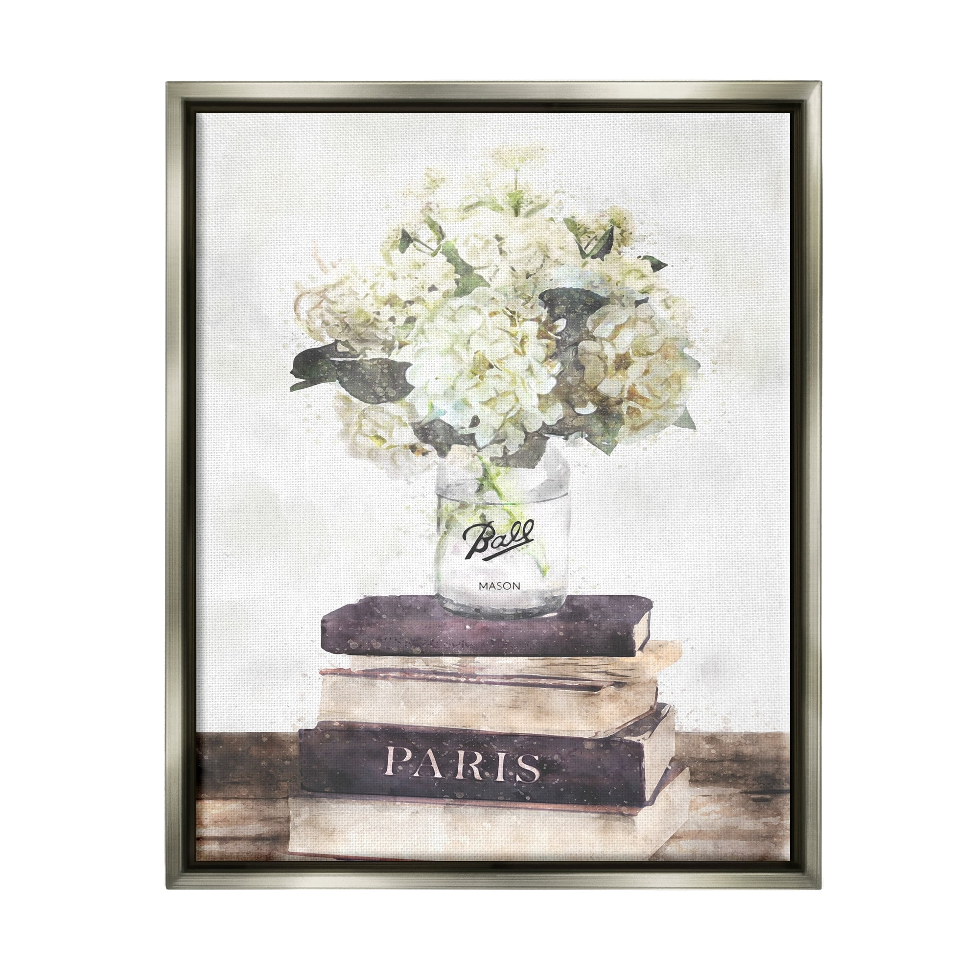 Stupell Industries Delicate White Florals on Parisian Bookstack Luster Gray Framed Floating Canvas Wall Art, 16x20, by Ziwei Li