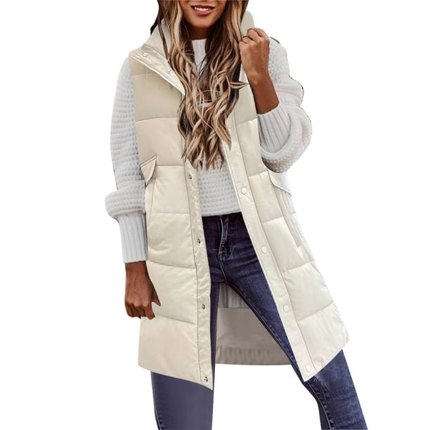 Gibobby Chaleco largo mujer, Chaleco Largo de Plumas para Mujer, Elegante Chaleco Largo de Plumas con Capucha para Invierno(Blanco,G)