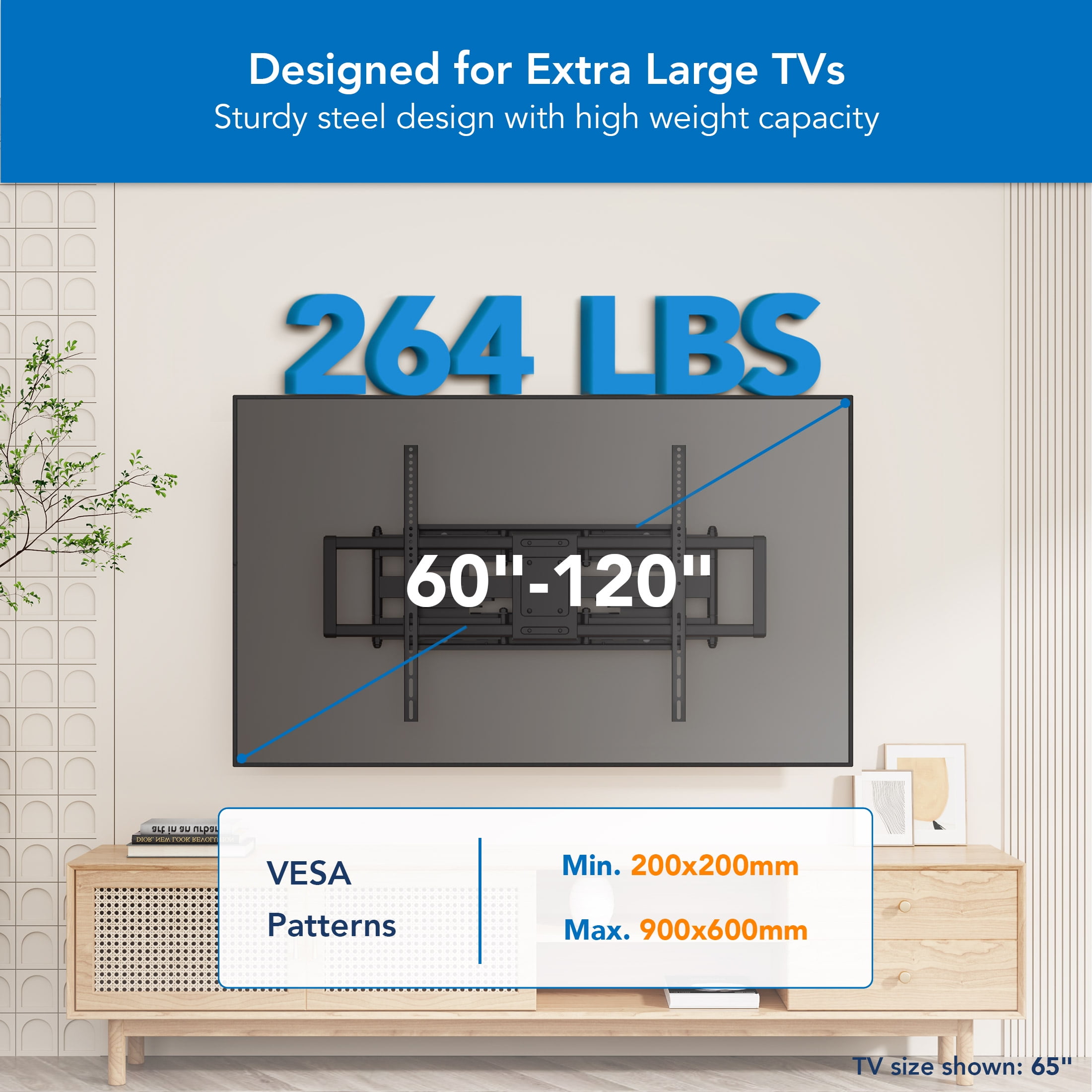 Mount-It! Heavy Duty XXL Full Motion Tv Mount, 60" to 120" Tv's, Capacity 264 lbs., Lifetime Warranty